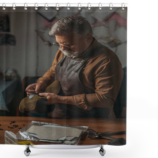 Personality  Senior Cobbler In Apron Holding Piece Of Genuine Leather In Workshop Shower Curtains