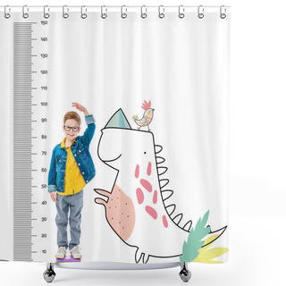 Personality  Boy Standing On Pile Of Books To Be Higher, Isolated On White With Imaginary Dinosaur And Growth Measures Shower Curtains