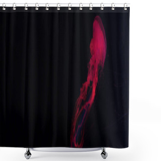 Personality  Panoramic Shot Of Jellyfish In Red Neon Light On Black Background Shower Curtains