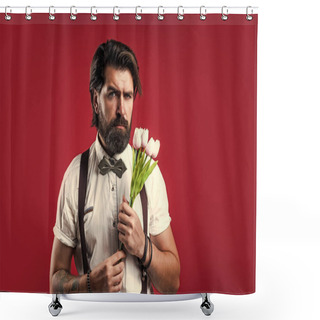 Personality  Brutal Bearded Man Holding Beautiful Blossoming Bouquet Of Fresh Tulips Flowers, Fathers Day Shower Curtains