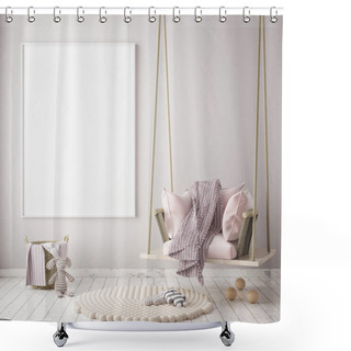 Personality  Mock Up Poster Frame In Children Bedroom, Scandinavian Style Interior Background, 3D Render Shower Curtains