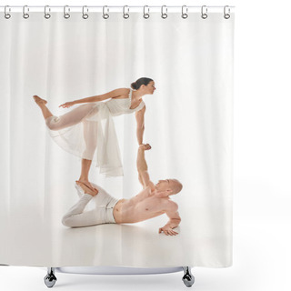 Personality  A Shirtless Young Man And A Woman In A White Dress Perform Acrobatic Exercises Together In A Studio Setting On A White Background. Shower Curtains