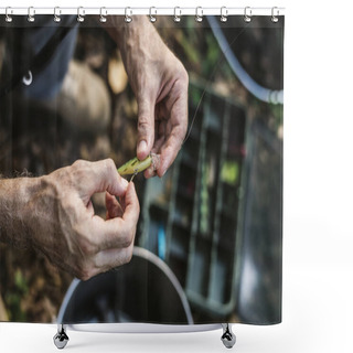 Personality  Close Up Of Fisherman Putting On Bait Shower Curtains