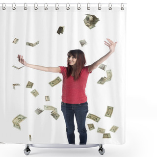 Personality  Happy Woman Throwing US Dollar Paper Bills Up Shower Curtains