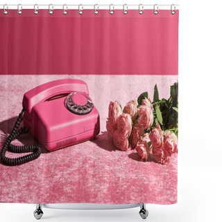 Personality  Roses And Vintage Phone On Velour Pink Cloth Isolated On Pink, Girlish Concept Shower Curtains