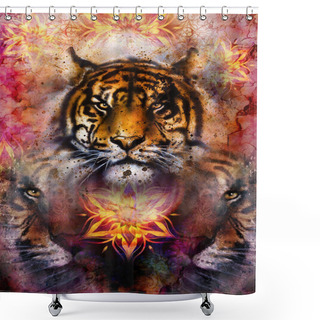 Personality  Gentle Portrait Tiger On Ornamental Background. Computer Collage. Color Abstract Background, Old Paper Structure. Animal Concept. Shower Curtains