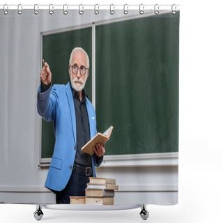 Personality  Senior Lecturer Holding Book And Pointing On Something Shower Curtains