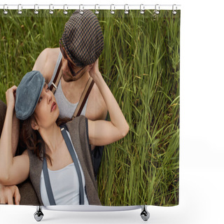 Personality  High Angle View Of Fashionable Bearded Man In Sunglasses And Suspenders Sitting Near Brunette Girlfriend In Newsboy Cap And Relaxing On Grassy Field, Fashionable Couple Surrounded By Nature Shower Curtains