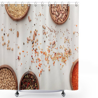 Personality  Top View Of Wooden Plates With Chickpea, Lentil, Peppercorns, Oatmeal And Beans Near Scattered Grains On Marble Surface Shower Curtains