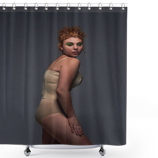 Personality  Self-expression, Redhead Woman With Curvy Body Posing In Taupe Underwear On Dark Grey Backdrop Shower Curtains