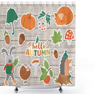 Personality  Vector Autumn Sticker Pack. Cute Fall Season Icons Set For Prints, Badges.  Funny Illustration Of Forest Animals, Pumpkins, Mushrooms, Leaves, Harvest, Vegetables, Birds Shower Curtains