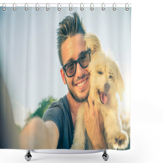 Personality  Young Man And His Dog Taking A Selfie Shower Curtains