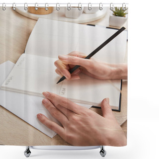 Personality  Cropped View Of Woman Writing In Notebook On Wooden Surface Shower Curtains