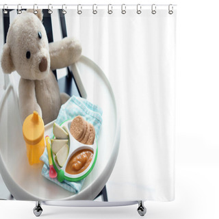 Personality  Plate With Delicious Baby Food, Drinking Cup And Teddy Bear On Highchair Indoors Shower Curtains