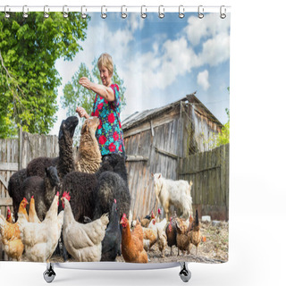 Personality  Woman At Her Sheep Farm, Animals And Nature Shower Curtains