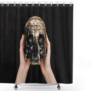 Personality  Top View Of Witch Holding Voodoo Skull On Black Shower Curtains