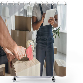 Personality  Cropped View Of Mover Packing Box While Coworker Using Digital Tablet  Shower Curtains