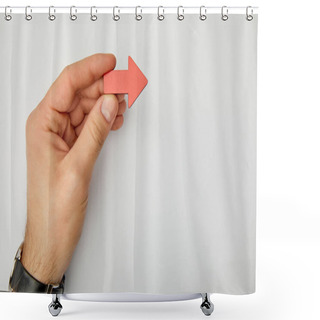 Personality  Cropped View Of Man Holding Red Pointer On Grey Background Shower Curtains