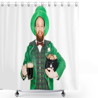 Personality  Handsome Leprechaun With Pot Of Gold And Dark Beer, Isolated On White Shower Curtains