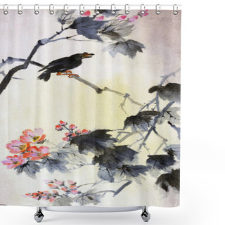Personality  Bird On A Branch Of Sakura Shower Curtains