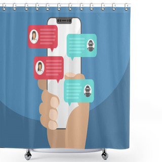 Personality  Woman Holding Bezel-free / Frameless Smartphone In Hand And Chatting With Chat Bot Robot. Chat Messages Notification On Smartphone Isolated On Blue Background Shower Curtains