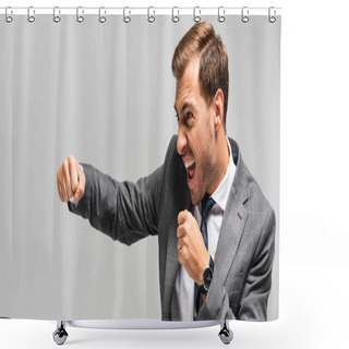 Personality  Panoramic Shot Of Angry And Handsome Businessman In Suit Punching Isolated On Grey  Shower Curtains
