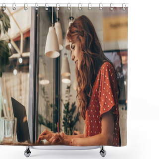 Personality  Side View Of Young Blogger Working On Laptop In Coffee Shop Shower Curtains
