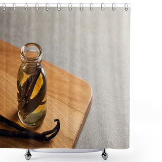 Personality  Vanilla Pods And Essential Oil On Wooden Cutting Board On Dark Surface Shower Curtains