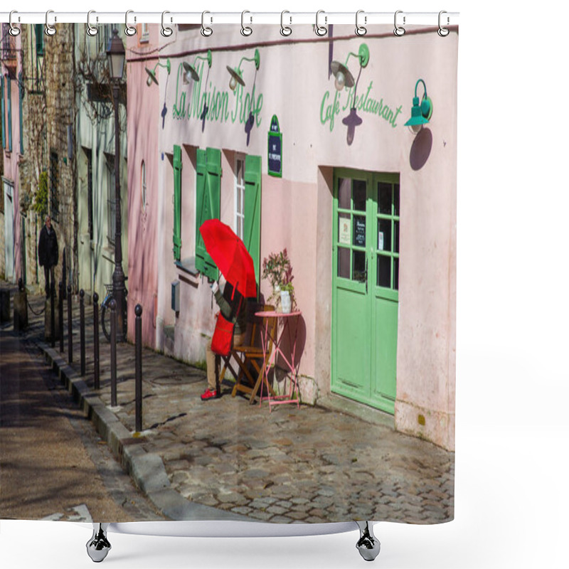 Personality  PARIS, FRANCE - MARCH, 2018: Lady with a red umbrella at the pink house restaurant in the famous Montmartre neighborhood shower curtains