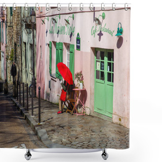 Personality  PARIS, FRANCE - MARCH, 2018: Lady With A Red Umbrella At The Pink House Restaurant In The Famous Montmartre Neighborhood Shower Curtains