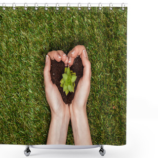 Personality  Cropped Image Of Woman Holding Heart Shaped Soil With Succulent In Hands Above Green Grass, Earth Day Concept Shower Curtains