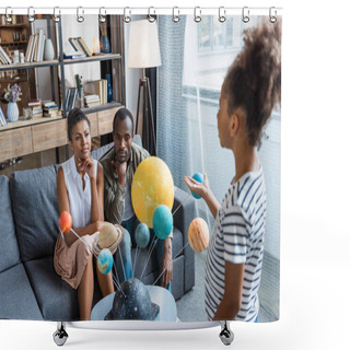 Personality  Girl Telling Parents About Solar System Shower Curtains