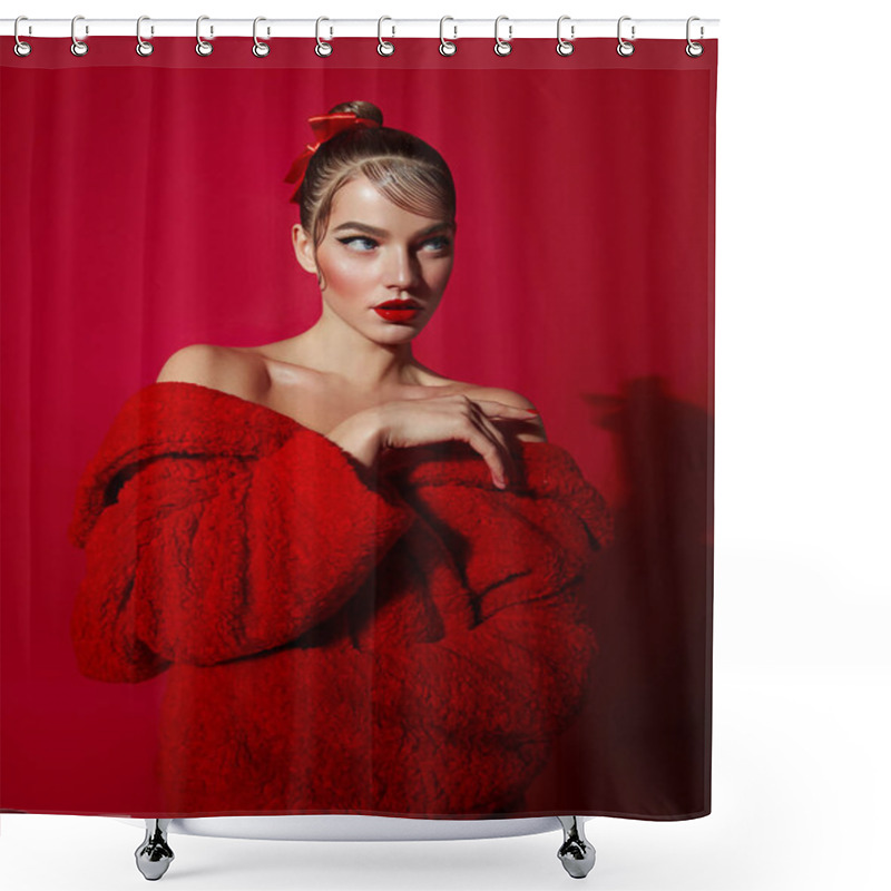Personality  Beautiful Attractive Girl With Smooth Hair And In A Red Fur Coat Made Of Faux Fur Posing In The Studio On A Red Background. Shower Curtains