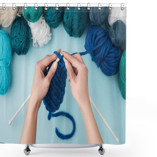 Personality  Cropped Shot Of Woman Knitting On Blue Background With Blue, Green And White Yarn Clews Shower Curtains