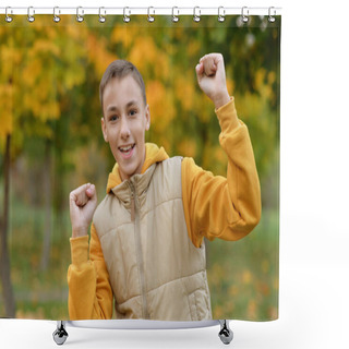 Personality  Portrait Of Cheering Teenage Boy Outdoors Shower Curtains