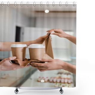 Personality  Cropped View Of African American Customer Taking Paper Cups And Bag From Seller In Sweet Shop  Shower Curtains