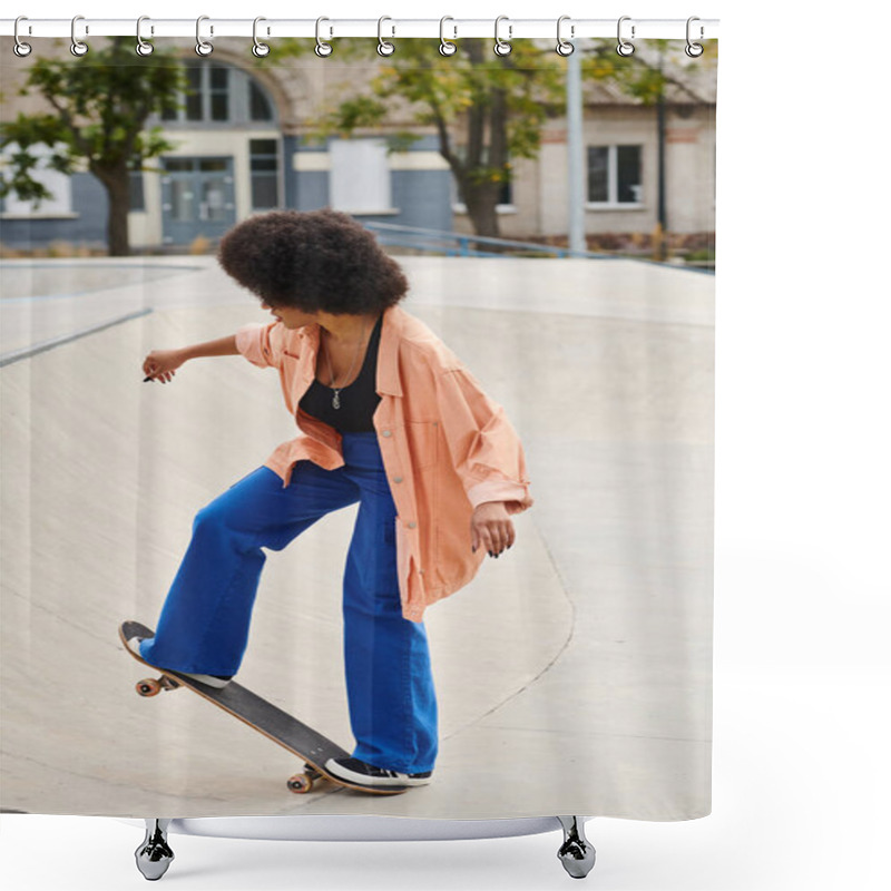 Personality  Young African American Woman With Curly Hair Skateboarding On A Ramp In A Vibrant Outdoor Skate Park. Shower Curtains