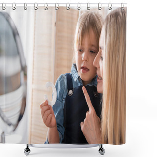 Personality  Pupil Holding Letter While Talking Near Logopedist And Mirror In Classroom  Shower Curtains