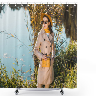Personality  Elegant Stylish Woman In Trench Coat And Hat Posing With Yellow Bag Outdoors  Shower Curtains