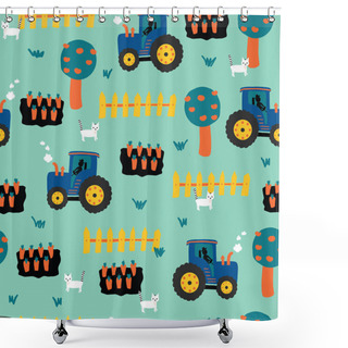 Personality  Tractors Seamless Kids Pattern. Tractor, Carrots, Fence, Apple Trees And Cats Repeating Vector Background. Farming Pattern For Children Fabric, Wrapping Paper, Kids Decor, Boys Apparel Shower Curtains