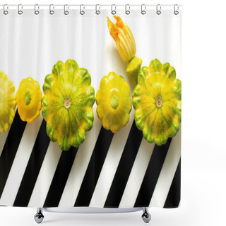 Personality  Patisson, Squash, Dish-shaped Pumpkin, Raw Vegetable On A Dark Wooden Background Shower Curtains