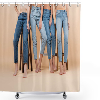 Personality  Partial View Of Barefoot Women In Jeans Posing Near High Stools On Beige Shower Curtains