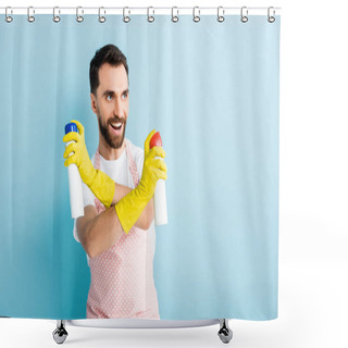 Personality  Cheerful Bearded Man Holding Spray Bottles On Blue  Shower Curtains