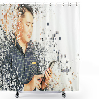 Personality  Asian Businessman Using A Tablet Pc At White Background Shower Curtains