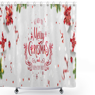 Personality  Red Christmas And New Year Text On Xmas Background With Gift Boxes, Fir Branches, Red Ribbon, Decoration, Sparkles, Confetti, Bokeh. Merry Christmas Card. Vector Illustration, Realistic Vector Shower Curtains