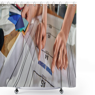 Personality  Cropped View Of African American Designer Holding Printing Layer On T-shirt On Table Near Colleague With Color Swatches In Print Studio, Thriving Small Enterprise Concept, Banner  Shower Curtains