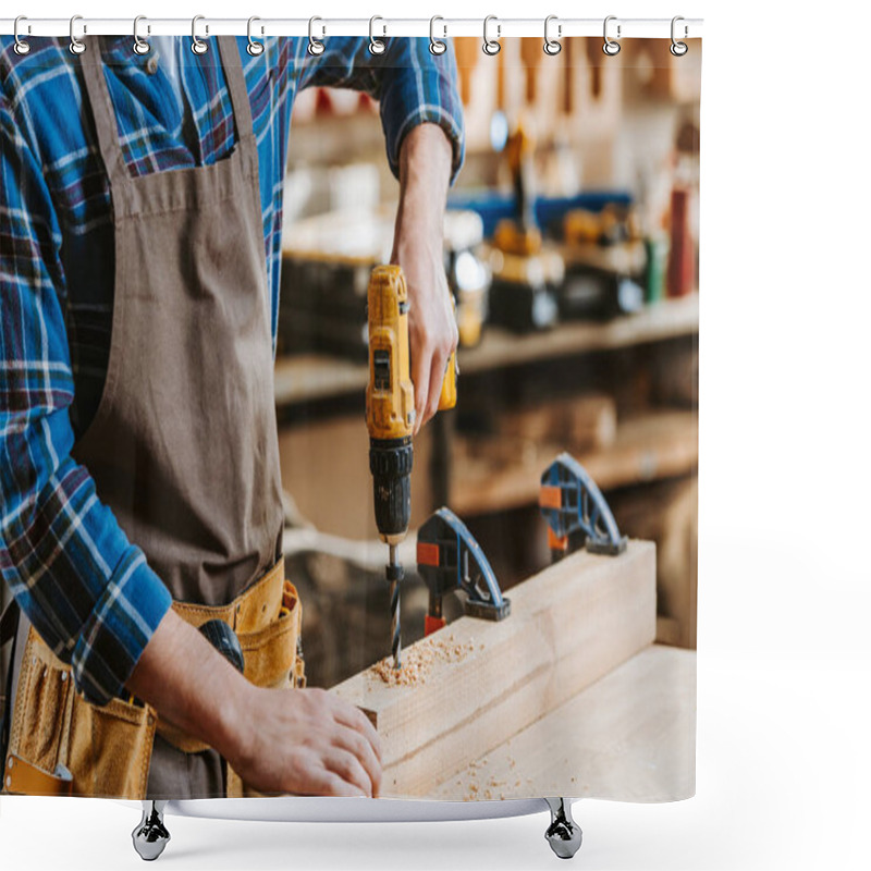 Personality  Cropped View Of Carpenter In Apron Holding Hammer Drill Near Wooden Planks Shower Curtains