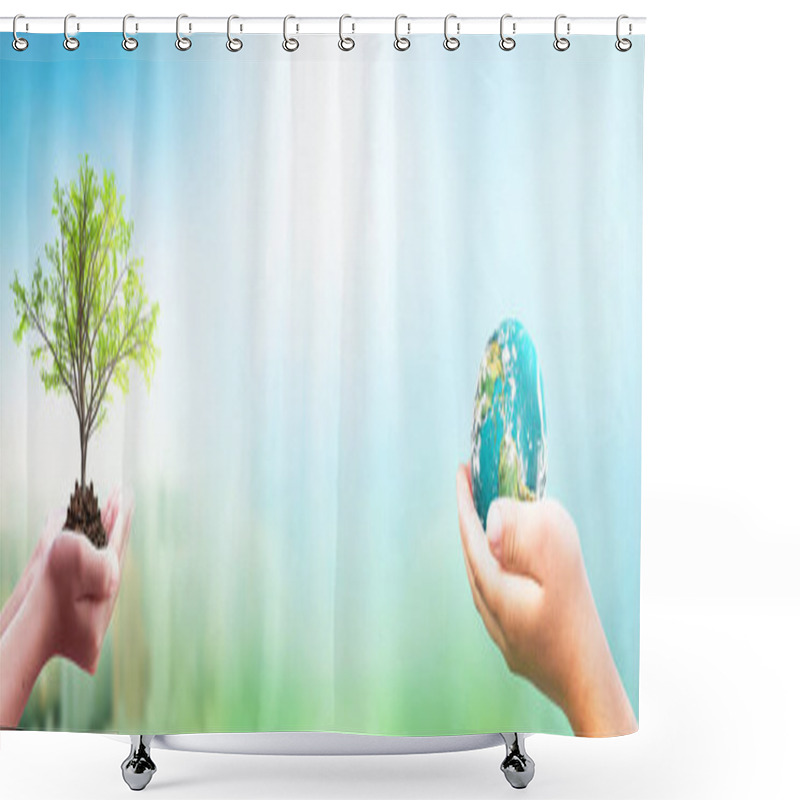 Personality  International Day Of Forests Concept: Hands Holding  Tree And Earth Globe Over Green And City Background Shower Curtains
