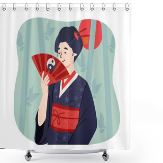 Personality  Geisha In Forest With Fan Concept. Beautiful Young Girl In Traditional Ashiya Costume On Background Of Bamboo. Culture And Traditions Of Japan, Ethnicity. Cartoon Flat Vector Illustration Shower Curtains