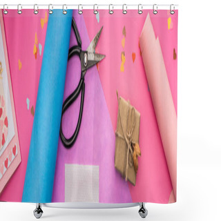 Personality  Top View Of Valentines Decoration, Wrapping Paper, Gift Box, Scissors On Pink Background, Panoramic Shot Shower Curtains